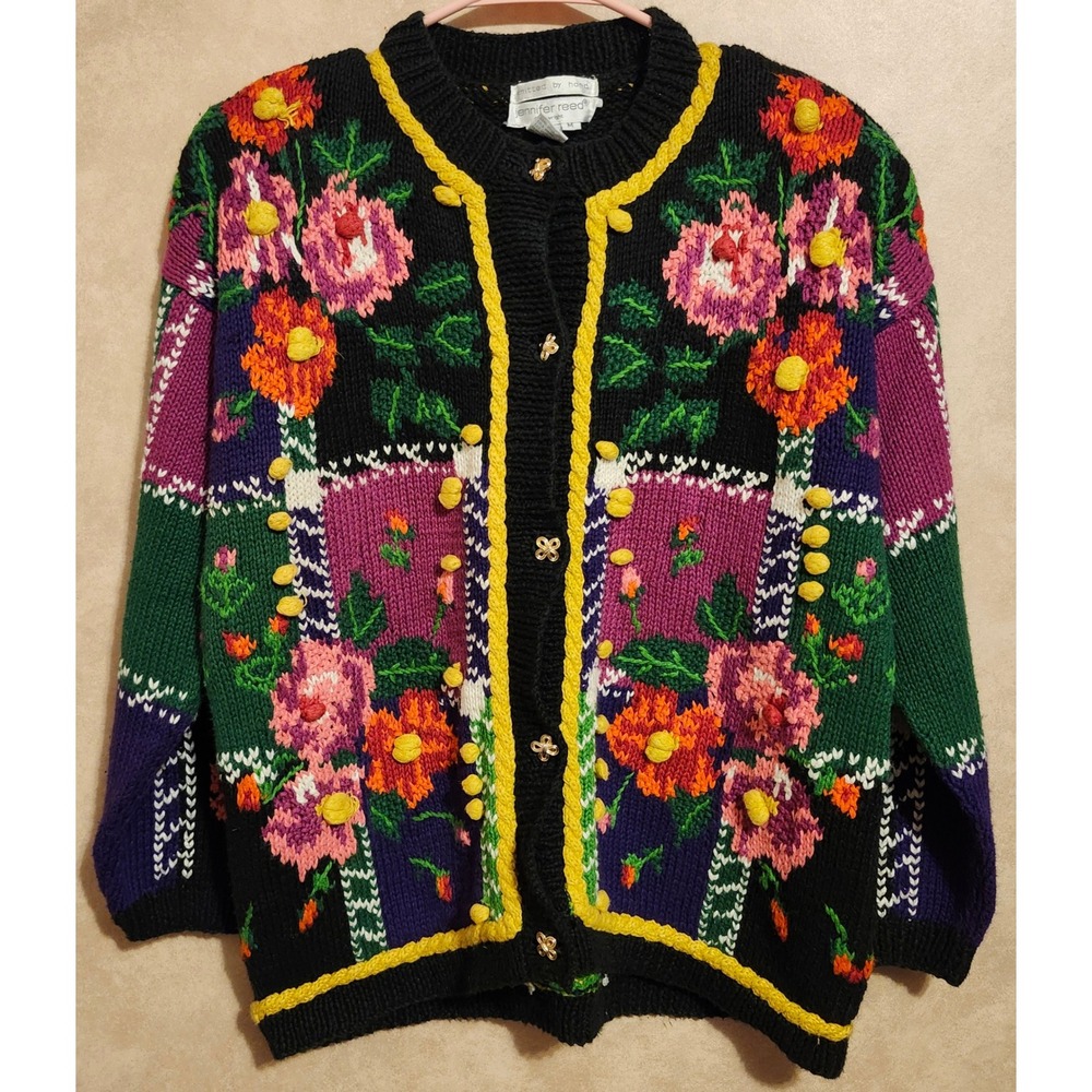 Jennifer Reed Vintage Hand Knit Floral Cardigan Pom Pom Shoulder Pads Medium